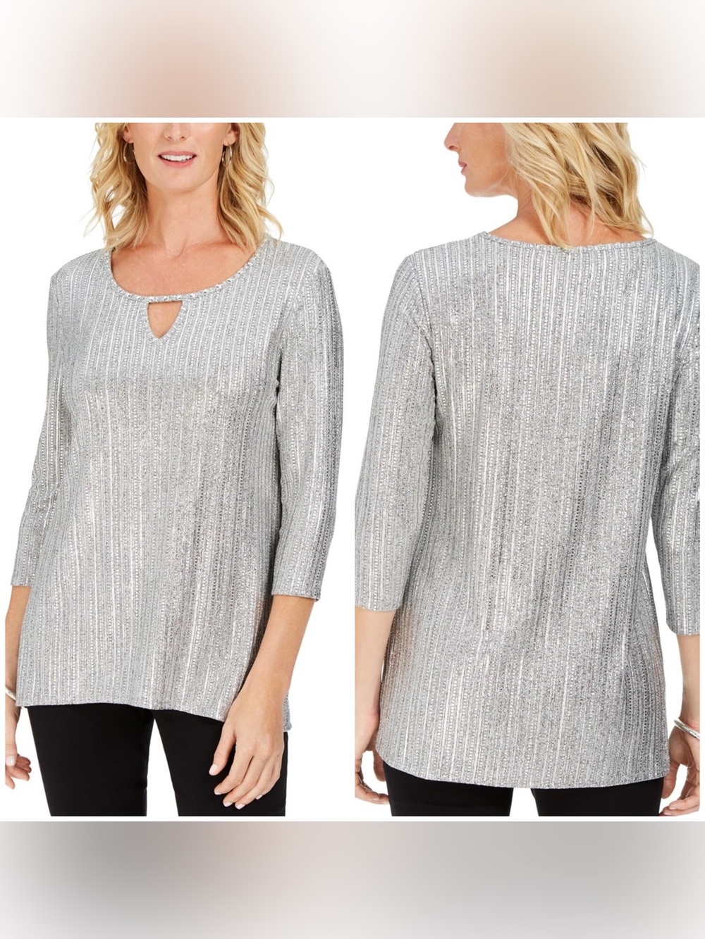 JM Collection Metallic Ribbed Top Sparkle Knit Embellished Keyhole 3/4 Sleeve